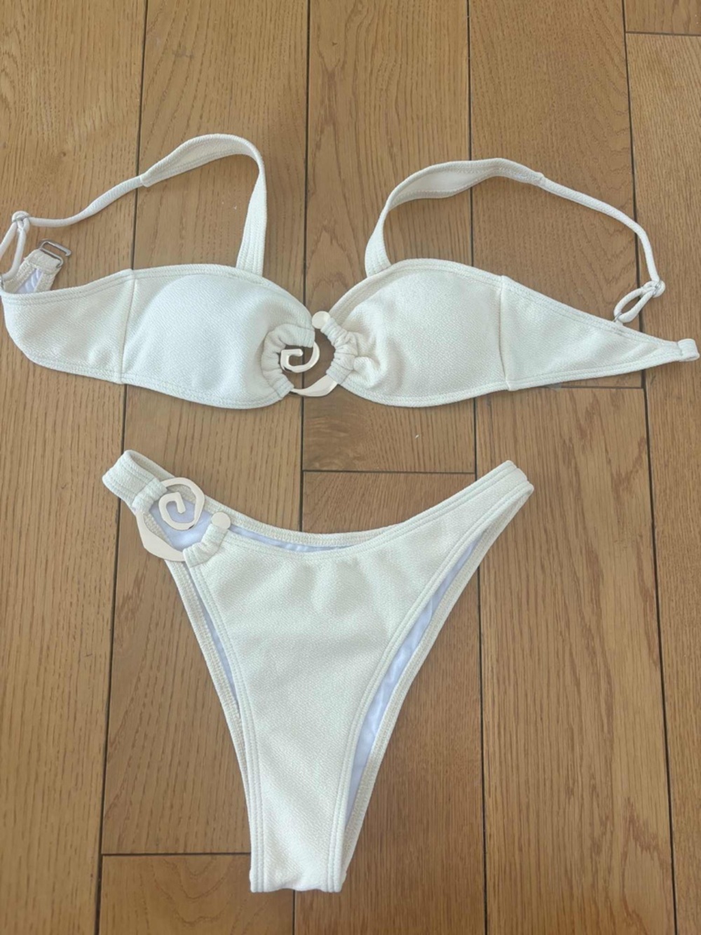 Textured White Ring-Detail Bikini Set - Women Swim